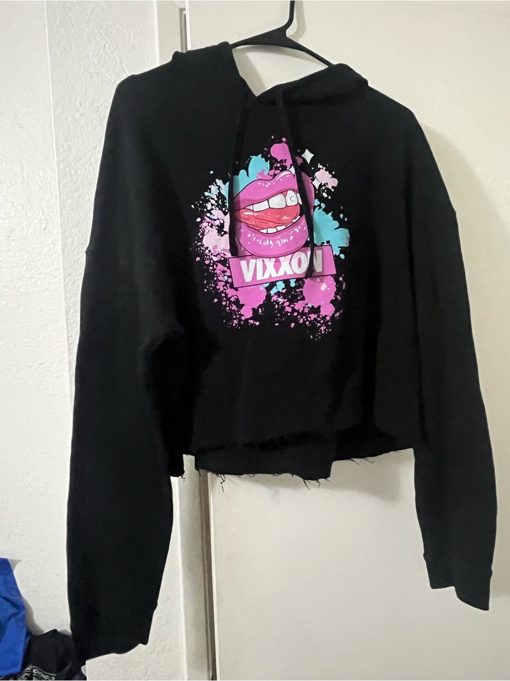 Women’s DiXXON Black Cropped Graphic Hoodie with Pink & Teal Lip Print